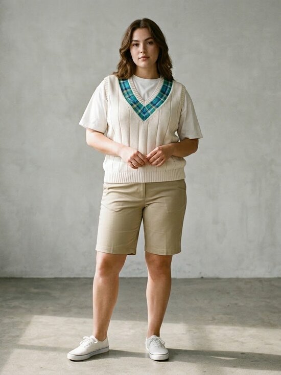 EP Pro Sweaters - EP Pro Golf Sweater Vest L Cream V-Neck Plaid Trim Sleeveless Knit Top Large
